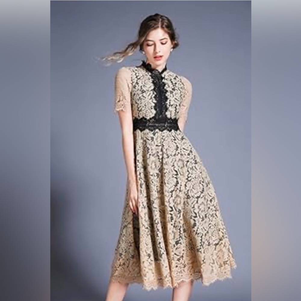 Elegant Beige Lace Midi Dress with Black Trim